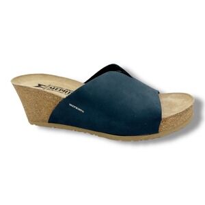 MEPHISTO Lisane Navy Blue Suede Wedge Mules Sandals Women Size 39 Air Relax Cork